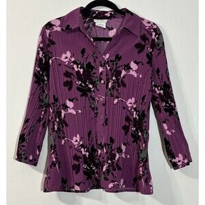Fred David Top Women’s Large Purple Floral Plisse Pleated Button Front Blouse